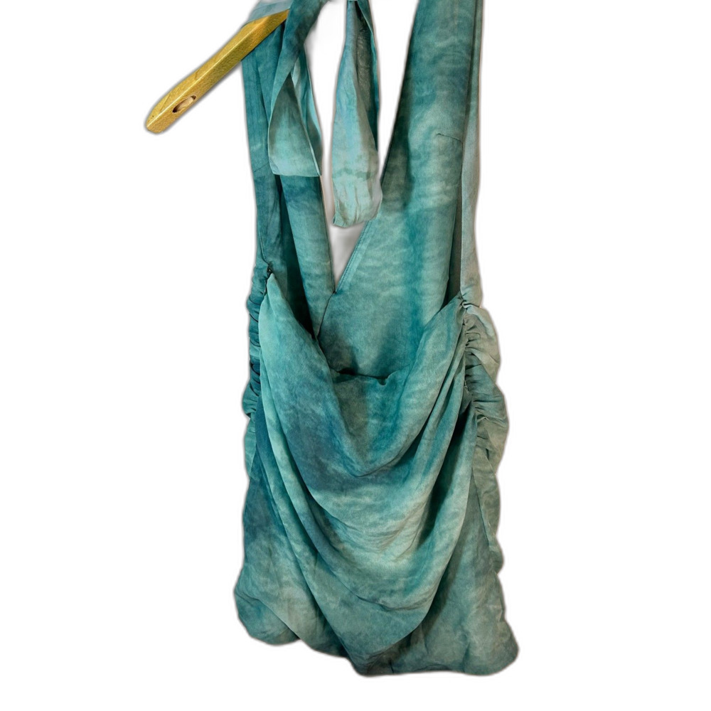 Peppermayo NWOT Teal Watercolor Plunge Halter Backless Mini Dress Size 2 - Picture 10 of 15